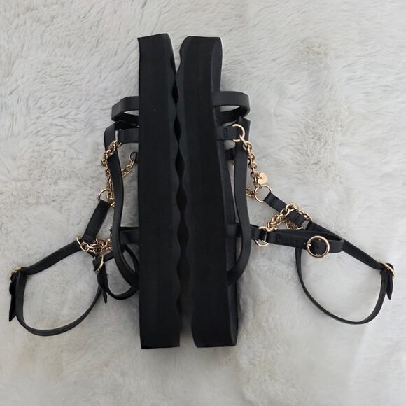 NEW Maje Frankie Chain Trimmed Charm Black Leather Platform Sandal - Picture 7 of 13